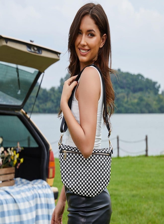 kuifang Woven Crossbody Bags For Women, Checkered Fashion PU Bum Bag Waist Pack, Travel Sling Purse with Adjustable Strap（Black) - Image 2